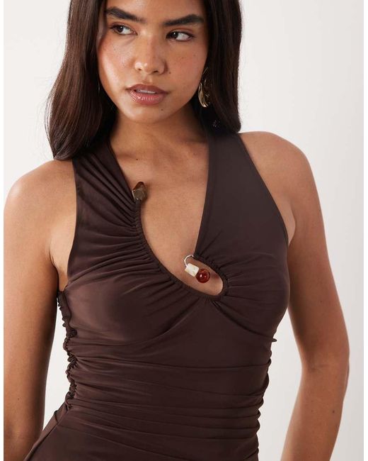 ASOS Brown Hardware Detail Plunge Ruched Neckline Hanky Hem Top