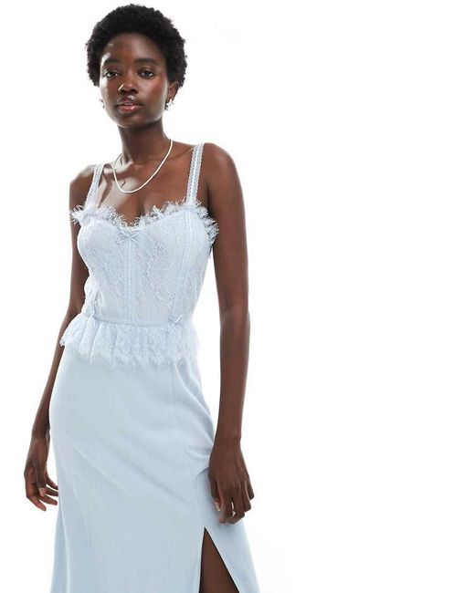 Miss Selfridge Blue Cheesecloth Maxi Corset Dress With Ribbon Trims