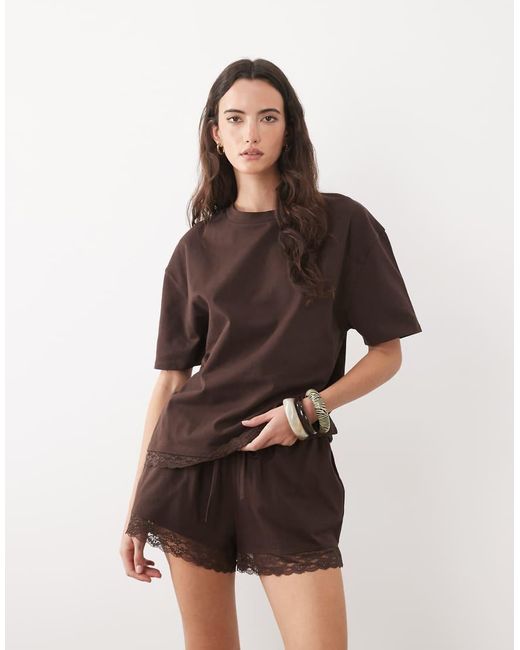 ASOS Brown Cotton Short Co-ord With Lace Hem