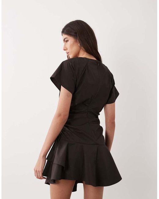 ASOS Black Short Sleeve Mini Dress With Ruching Tie Waist Detail
