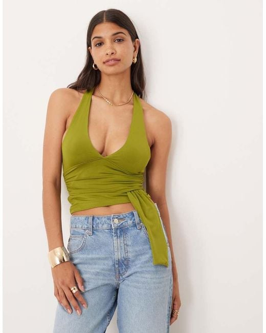 Top Aderente Allacciato Al Collo Con Drappeggio di ASOS in Green