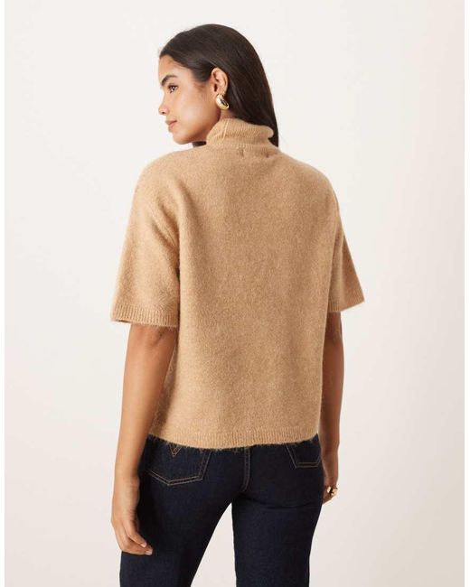 Gina Tricot Natural Short Sleeve Funnel Neck Knitted Wool Alpaca Top