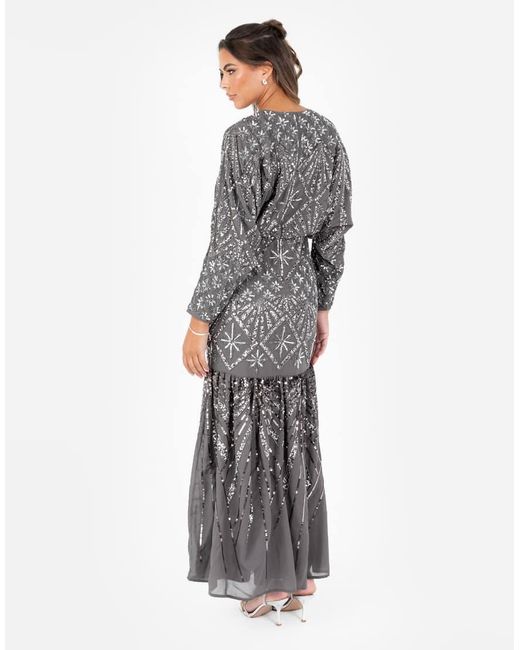 Maya Gray Fully Embellished Long Sleeve Maxi Dress