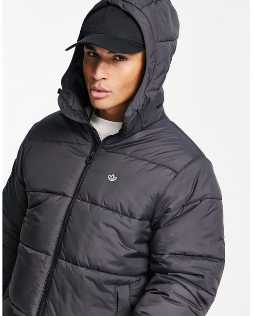 adidas Originals 3 Stripe Padded Jacket With Hood in Black for Men | Lyst