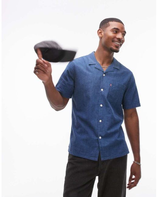 Levi's Blue Standard Camp Short Sleeve Revere Collar Cotton Dobby Shirt for men