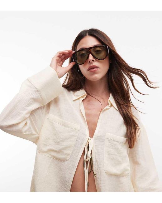 Kaiia Exclusieve Co-Ord Set Van Katoenmix Met Oversized Overhemd Met Striksluiting Aan De Voorkant in het Natural