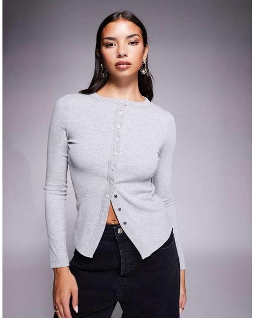 River Island Gray Button-through Ribbed Top