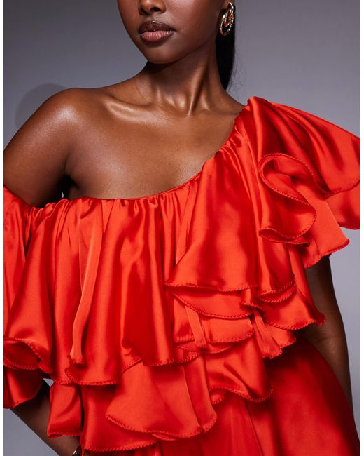 The Dolls House Red Liliana Asymmetric Ruffle Satin Playsuit