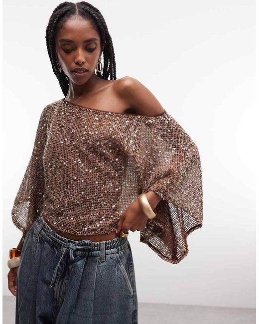 ASOS Brown Sheer Crochet Sequin Asymmetric Slouchy Cape Top