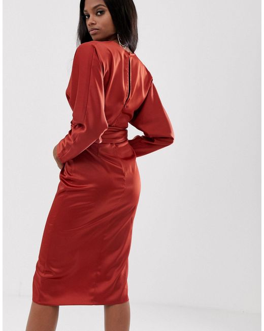 midi dress with batwing sleeve and wrap waist in satin