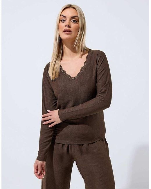 Yours Clothing Brown Textured Lace Trim Top