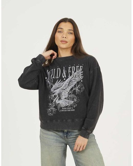 Brave Soul Black Acid Wash Graphic Print Sweatshirt