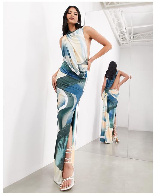Robe longue sans manches à imprimé abstrait avec effet drapé et détail métallisé - bleu ASOS en coloris Blue