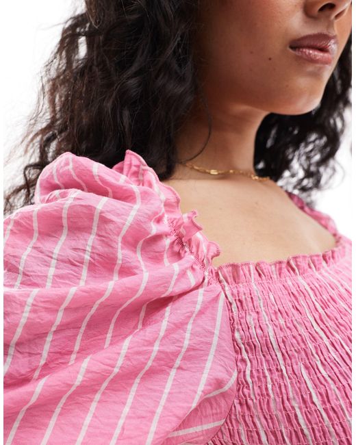 ASOS Pink Puff Sleeve Shirred Midi Dress