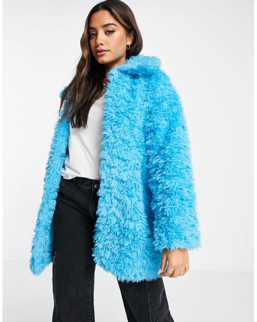 Monki Faux Fur Jacket in Blue - Lyst