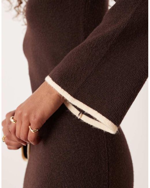 Vila Natural Fluffy Texture Knitted Midi Dress With Constrast Tipping