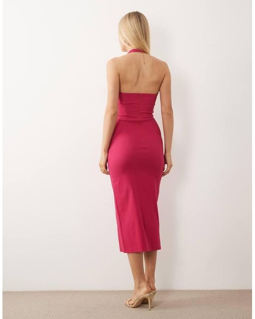 Vesper Pink Bengaline Halterneck Thigh Split Midi Dress