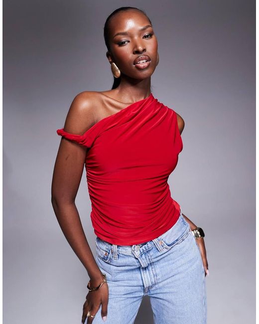 Kaiia Red Exclusive Double Laye Slinky Off Shoulder Top