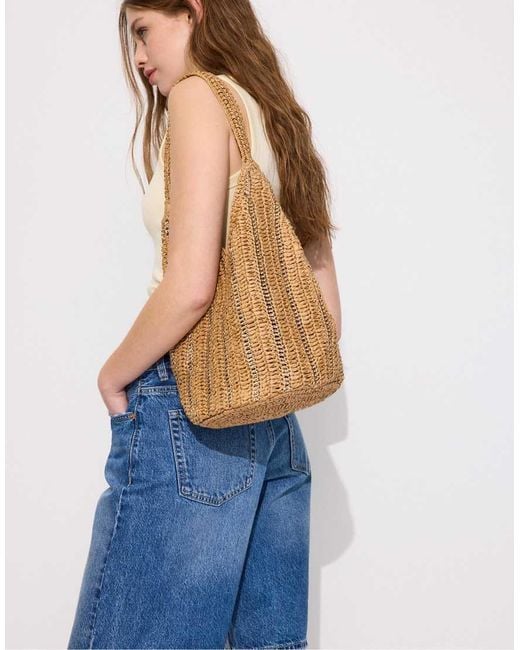 Stradivarius White Metallic Thread Raffia Shoulder Bag
