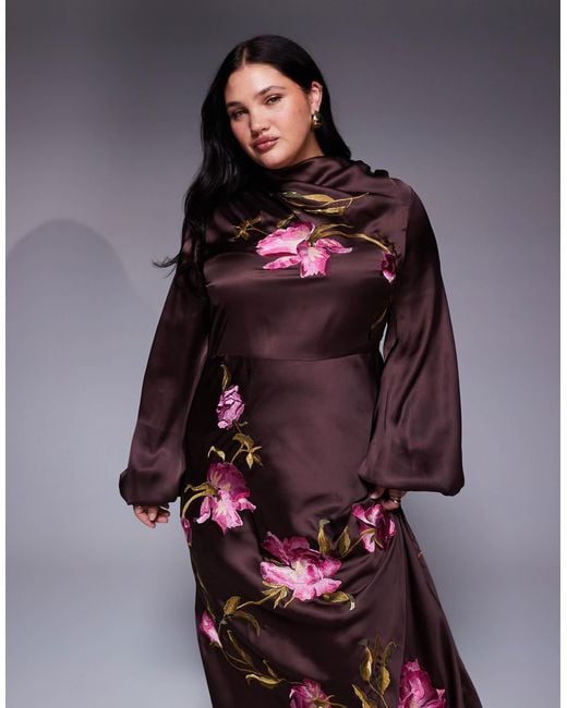 ASOS Purple Asos Design Curve Cowl Neck Floral Embroidered Bias Maxi Dress With Blouson Sleeve