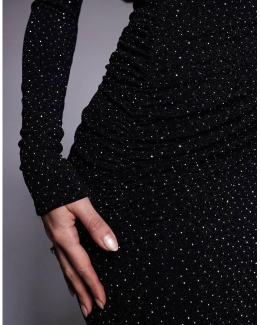 Wanderdoll Blue Drew Sculpted Hot Fix Plunge Neck Ruched Detail Maxi Dress