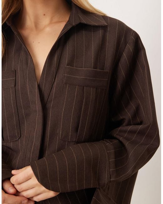 ASOS Brown Mini Shirt Dress With Wide Cuffs And Oversized Pockets