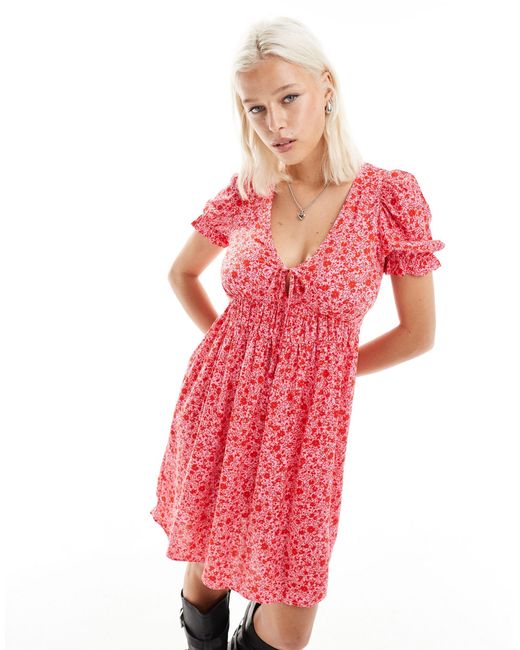 Monki Pink Mini Smock Dress With Puff Sleeves