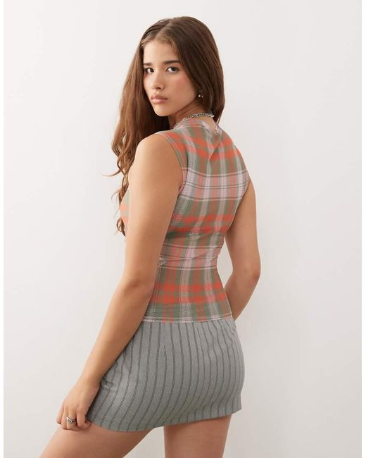 Collusion Brown Sheer Check Print Mesh Funnel Neck Top