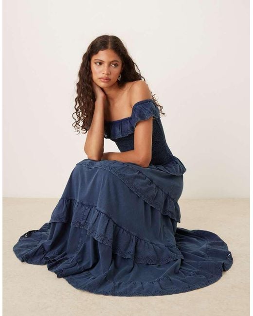 ASOS Blue Premium Shirred Bodice With Ruffle Broderie Detail Maxi Dress