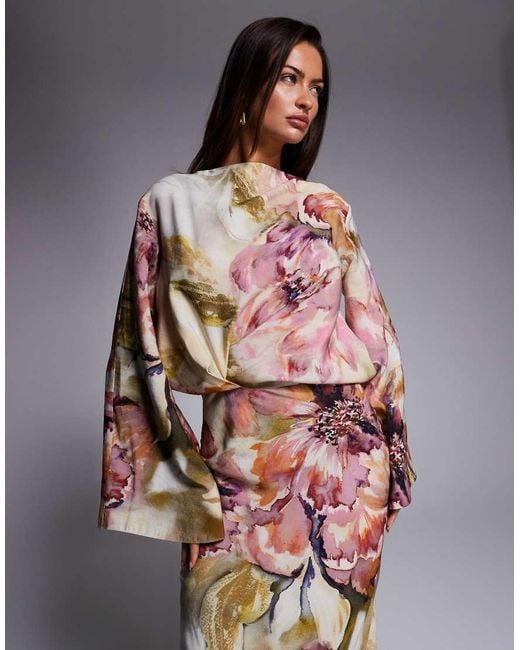 ASOS Multicolor Long Sleeve Tucked Waist Bias Maxi Dress