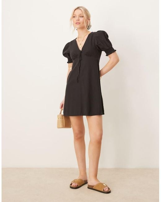 ASOS Black Soft Denim Puff Sleeve Mini Dress With Frill Detail