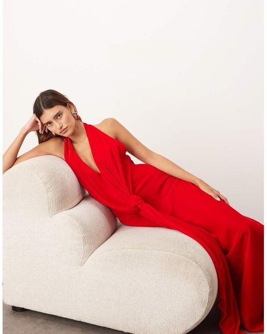 ARRANGE Red Halter Neck Plunge Velvet Maxi Dress With Tie Detailing