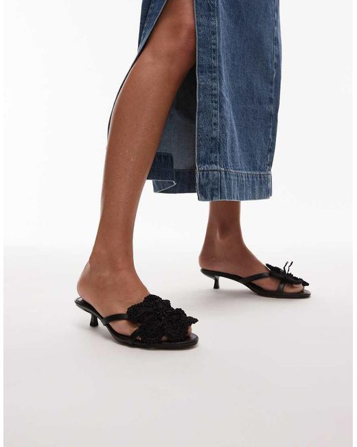 TOPSHOP Blue Ish Kitten Heeled Sandal With Knitted Flower