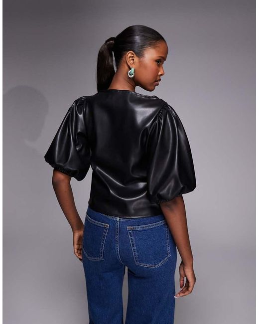 ASOS Blue Pu Puff Sleeve Button Through Top