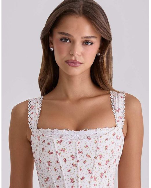 House Of Cb Pink Ami Rose Print Cotton Corset Mini Dress
