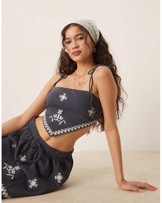 ASOS Blue Co-ord Crinkle Embroidered Tie Shoulder Cami Top