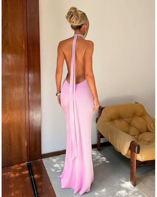 Tiger Mist Pink X Em Venz Maddy High Racer Halterneck Open Back Drape Detail Maxi Dress