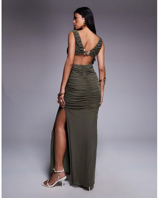 ASOS Gray Plunge With Ruching And Open Back With Gold Butterfly Trim Mesh Maxi Dress