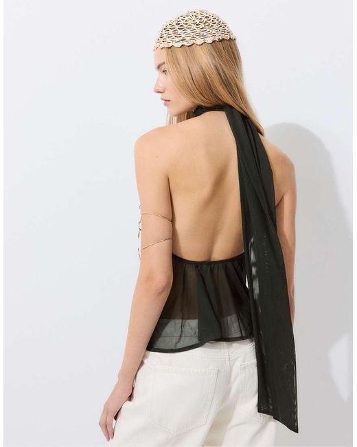 Stradivarius White Printed Tulle Halter Scarf Top