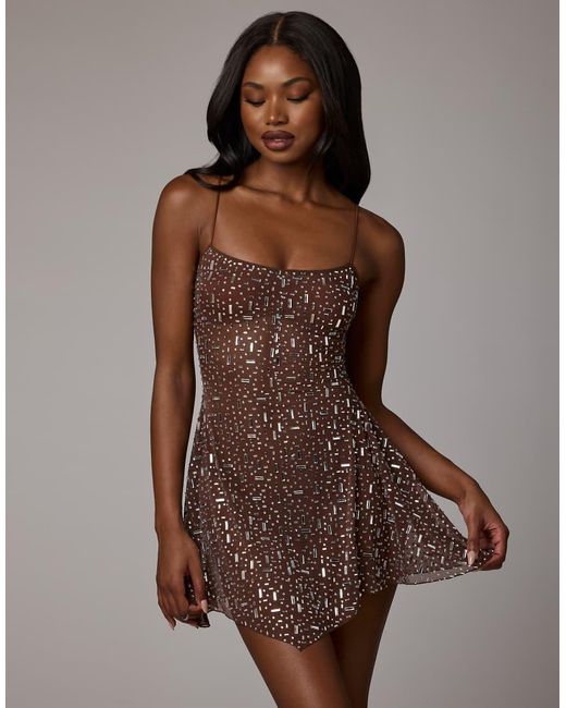 Oh Polly Brown Hanky Hem Hot Fix Embellished Mini Dress