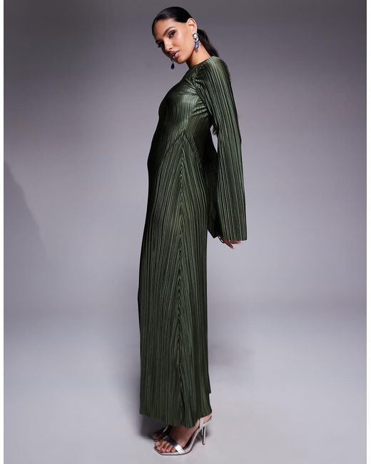 ASOS Plissé Maxi Jurk Met Lage Rug En Lange Wijde Mouwen in het Green