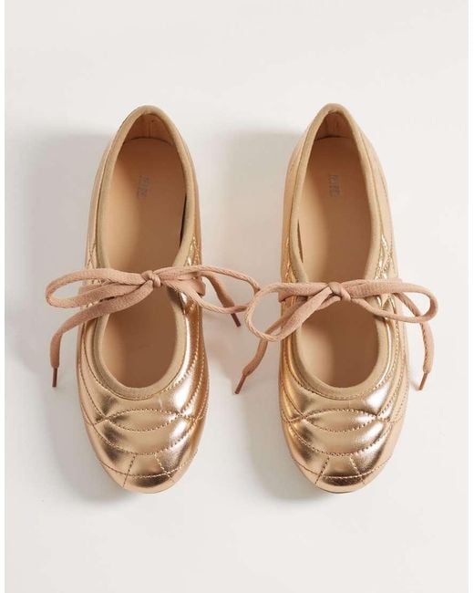 JW PEI Natural Erika Topstitching Lace Up Ballet Flats
