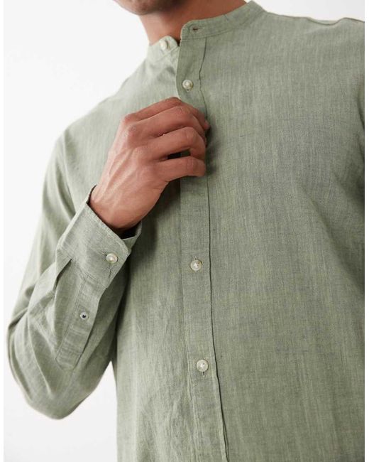 Jack & Jones Green Linen Mix Granded Collar Shirt for men