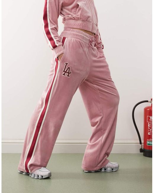 KTZ Pink La Dodgers Side Stripe Velour Wide Leg jogger Co-ord