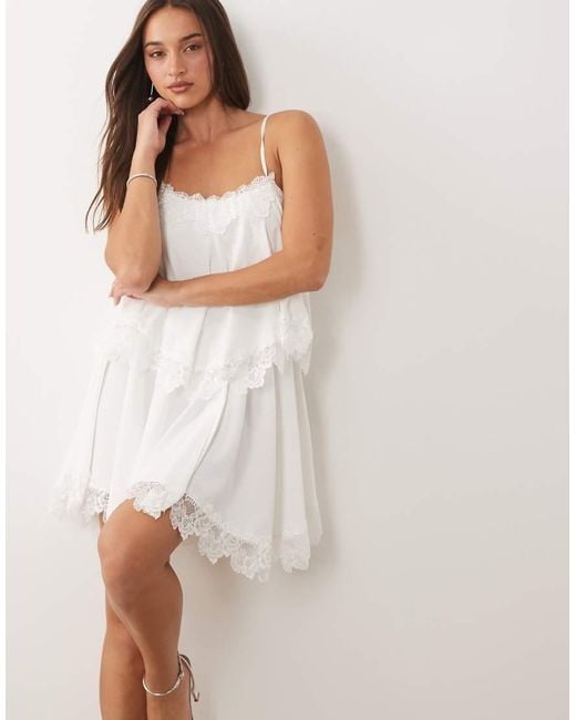 Fashionkilla Natural Exclusive Lace Trim Ruffle Tiered Lace Up Back Detail Mini Dress