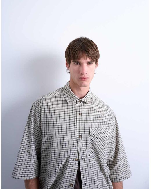 Topman Gray Relaxed Fit Short Sleeve Textured Check Shirt for men