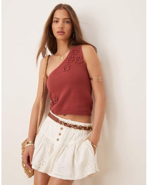 ASOS Red Knitted On Shoulder Top With Flower Applique Detail