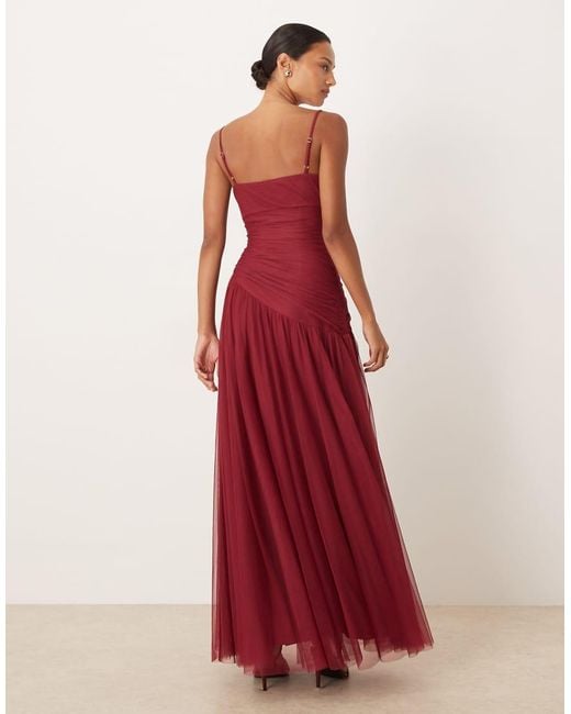 LACE & BEADS Red Tulle Cami Sweetheart Neck Asymmetric Drop Waist Maxi Dress