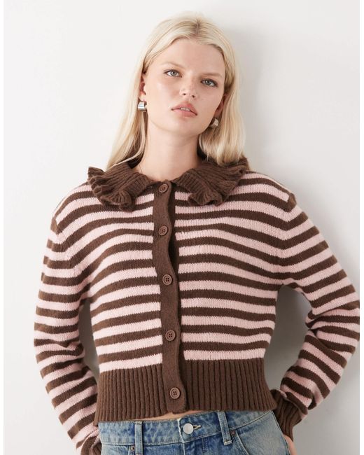 Collusion Brown Stripe Knitted Cardi With Frill Collar