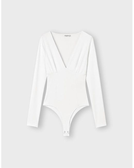 Stradivarius White V-neck Bodysuit With Under-bust Gathering